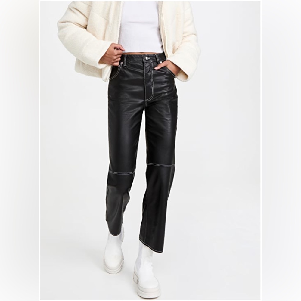 Free People Black Faux Leather Straight-Leg Pants with Contrast Stitching